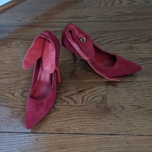 Red Stiletto Heels with Suede Ankle Strap Lacing Gold Buckle Size 10 Women's